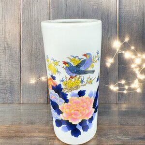 Vintage Oriental Chinese Calligraphy Ceramic Vase Vessel Raised Paint Birds VTG